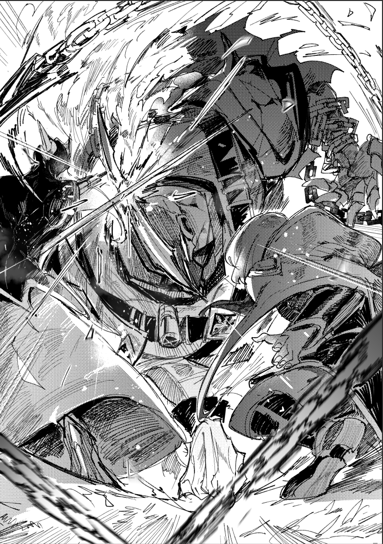 1boy, 1girl, android, battle, boots, chain, cloak, ender_lilies_quietus_of_the_knights