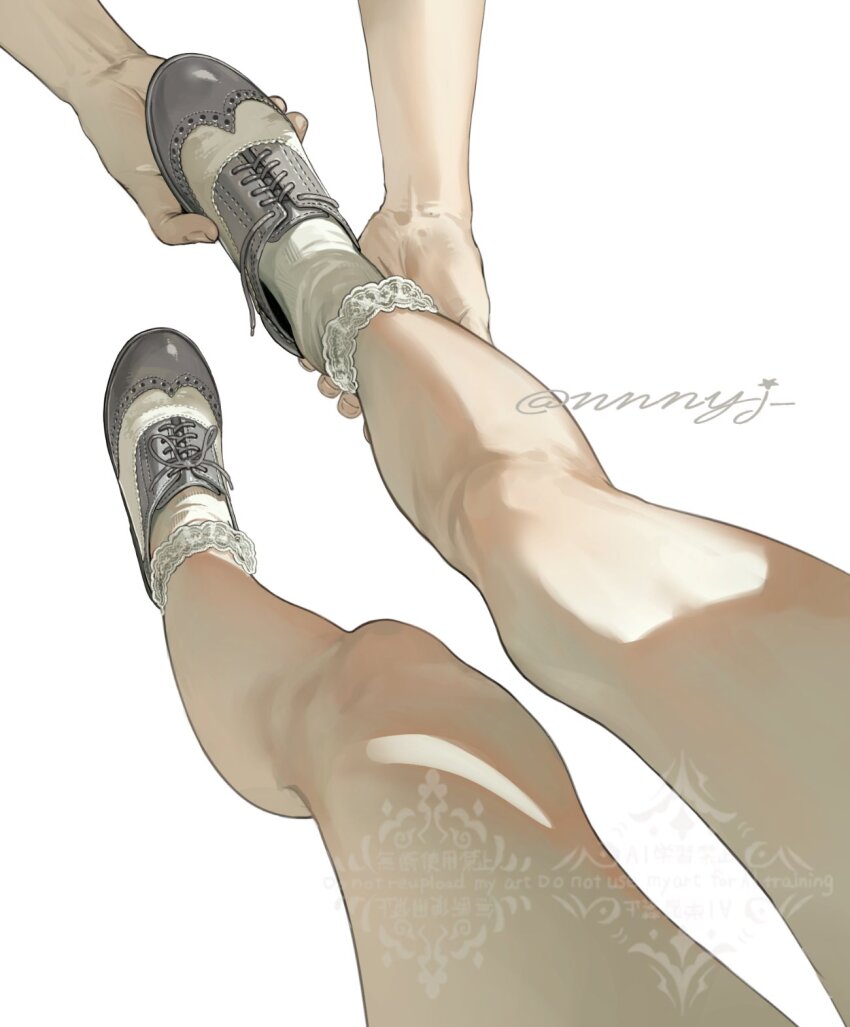 2others, ankle_grab, artist_name, close-up, commentary_request, feet, highres, lace-trimmed_socks