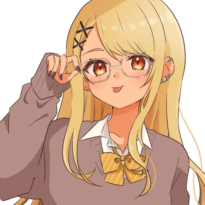 1girl, blonde_hair, blush, bow, bowtie, brown_sweater, collared_shirt, ear_piercing, earrings, glasses, hair_ornament, hair_tie, highres, jewelry, kaminari_qpi, long_hair, looking_at_viewer, orange_eyes, piercing, purple_nails, shirt, simple_background, solo, sweater, tongue, tongue_out, unimaru_go, upper_body, virtual_youtuber, vspo!, white_background, white_shirt, x_hair_ornament