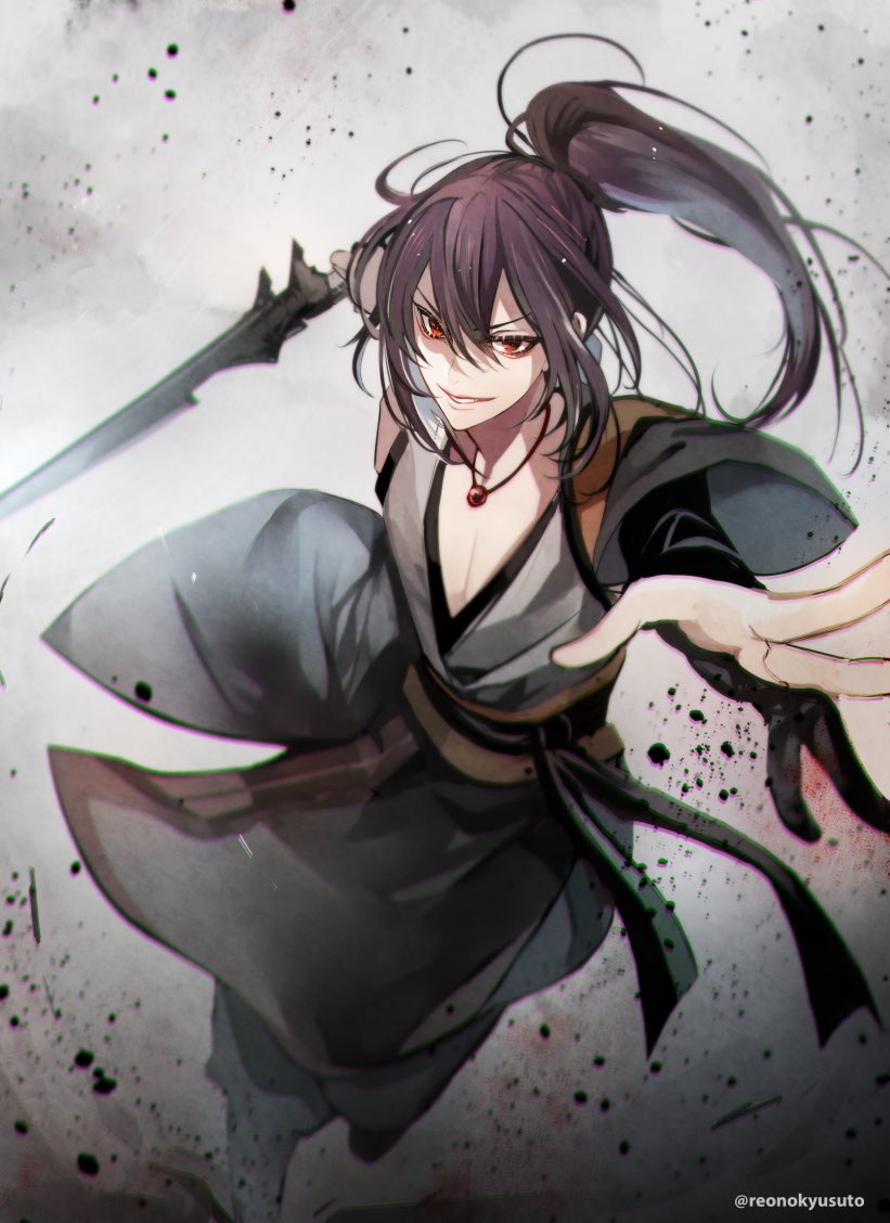 1boy, artist_name, bishounen, black_gloves, black_hair, black_hanfu, chinese_clothes, collarbone