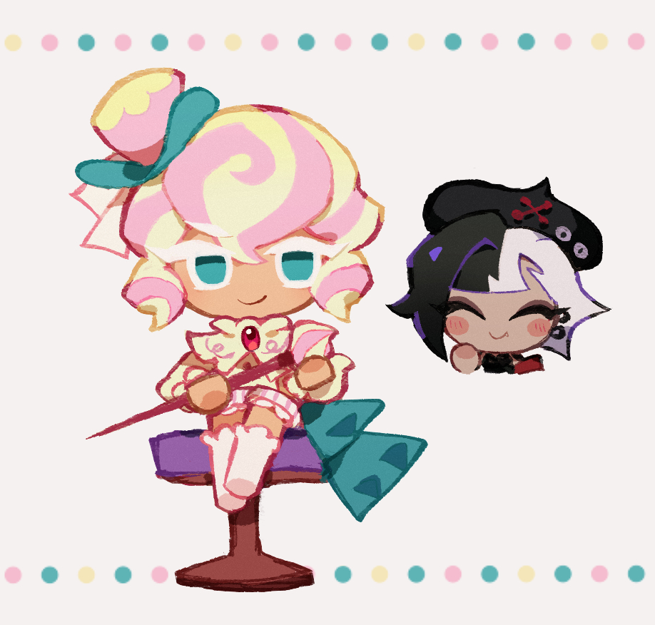 1boy, 1girl, ^_^, androgynous, aqua_eyes, black_hair, black_hat, blonde_hair, brooch, cane, chair, closed_eyes, closed_mouth, commentary_request, cookie_run, cookie_run:_ovenbreak, cropped_torso, currant_cream_cookie, ear_piercing, facing_viewer, fang, film_grain, frilled_socks, frills, full_body, grey_background, hair_between_eyes, hat, holding, holding_cane, jewelry, long_sleeves, looking_at_viewer, melvi0, mini_hat, mini_top_hat, multicolored_hair, no_shoes, on_chair, pastel_meringue_cookie, piercing, pink_hair, pink_hat, pink_shorts, shirt, short_hair, shorts, simple_background, single_eyebrow, smile, socks, solo_focus, split-color_hair, straight-on, streaked_hair, striped_clothes, striped_shorts, top_hat, two-tone_hair, two-tone_shorts, vertical-striped_clothes, vertical-striped_shorts, white_hair, white_shorts, white_socks, yellow_shirt