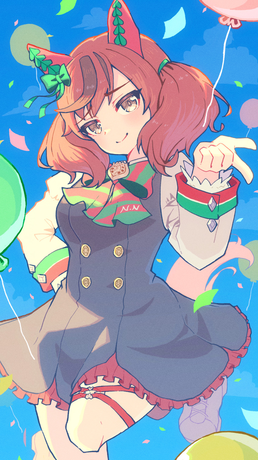 1girl, absurdres, animal_ears, balloon, black_dress, bow, brown_eyes, brown_hair