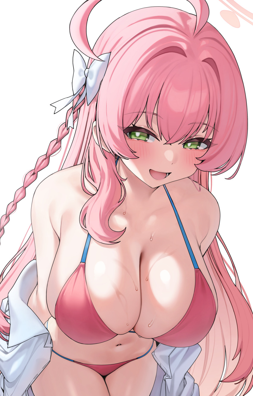 1girl, absurdres, ahoge, amae, bare_shoulders, bikini, blue_archive, blush