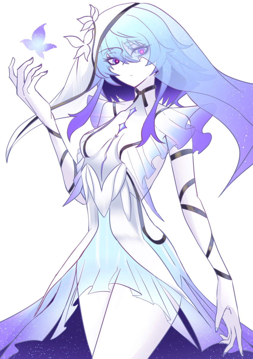 1girl, blue_butterfly, blue_hair, blue_veil, breasts, bug, butterfly, closed_mouth