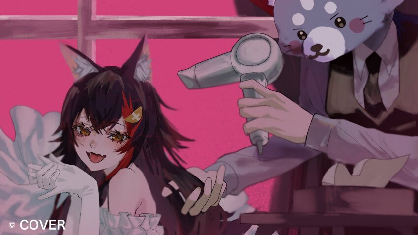 1girl, 1other, animal_ear_fluff, animal_ears, black_hair, black_necktie, black_vest, collared_shirt