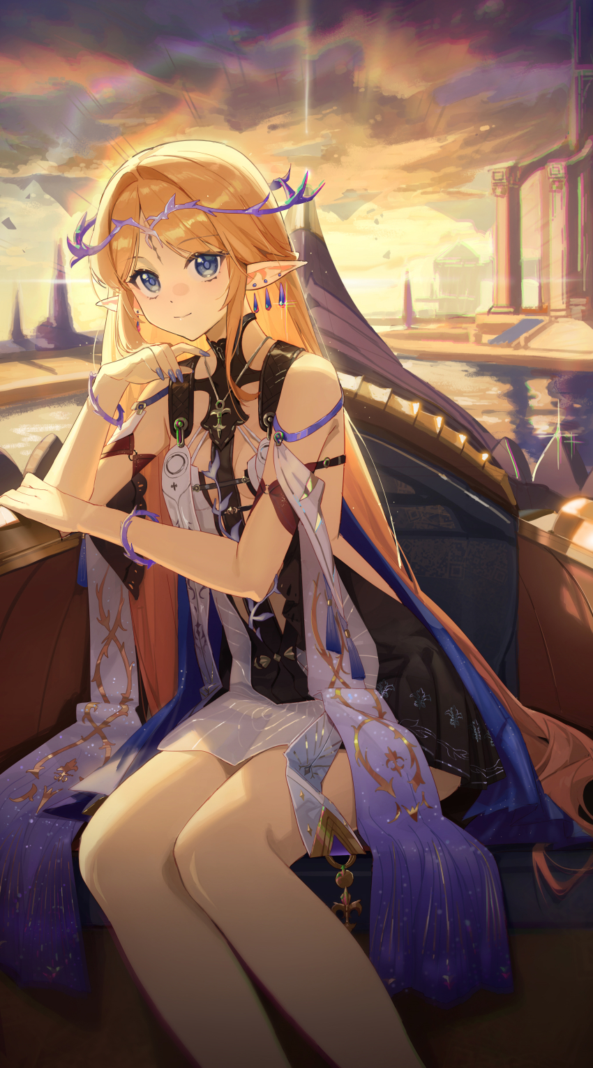 1girl, absurdres, bare_shoulders, black_collar, black_dress, blonde_hair, blue_eyes, blue_nails