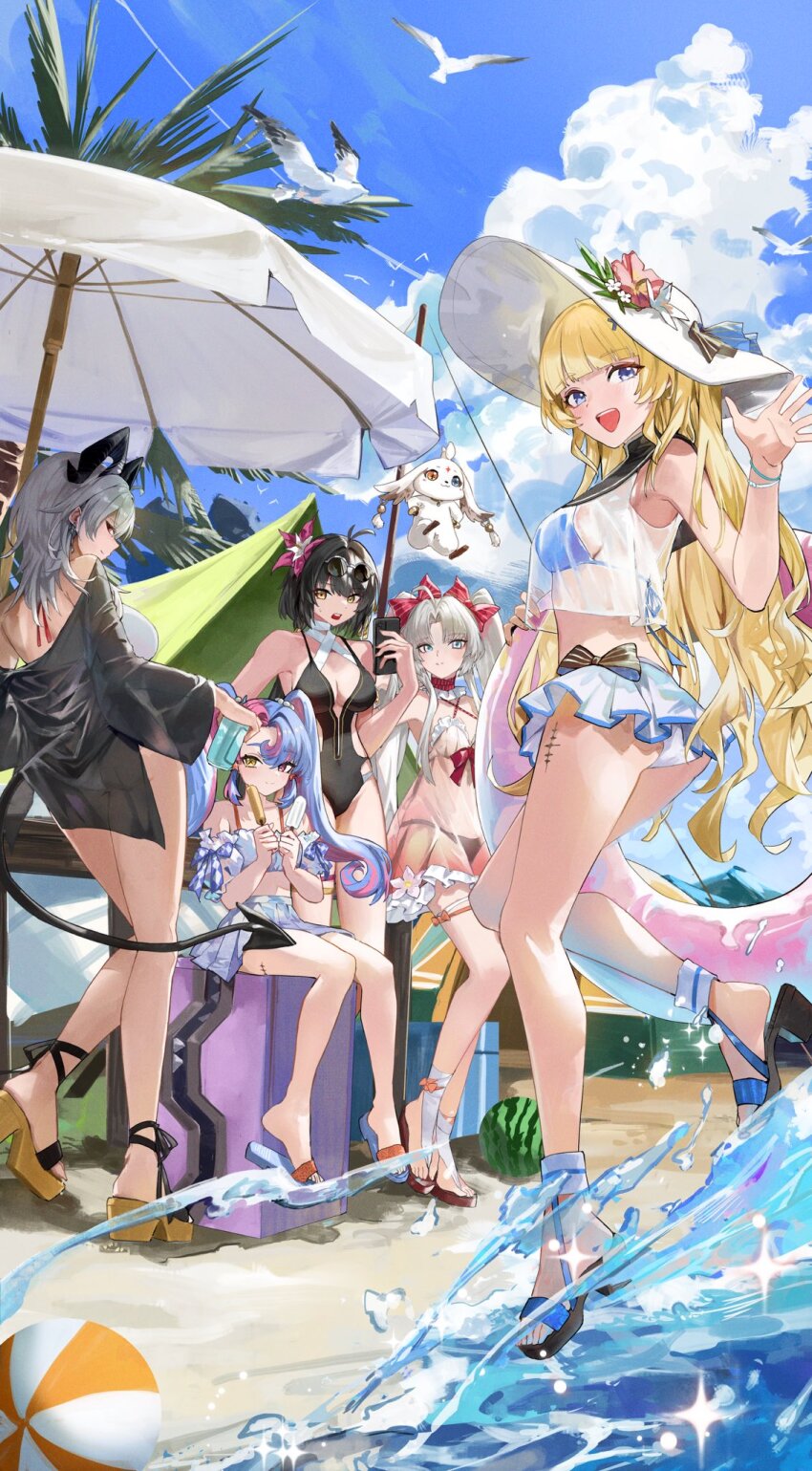 5girls, :d, abby_(wuthering_waves), alternate_costume, ball, bare_legs, bare_shoulders, beach