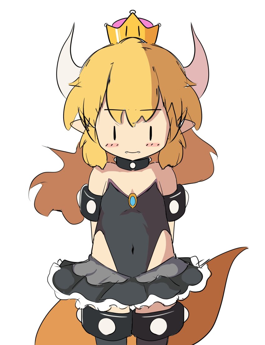 1girl, armlet, arms_behind_back, black_skirt, blonde_hair, blush_stickers, bowsette, chibi