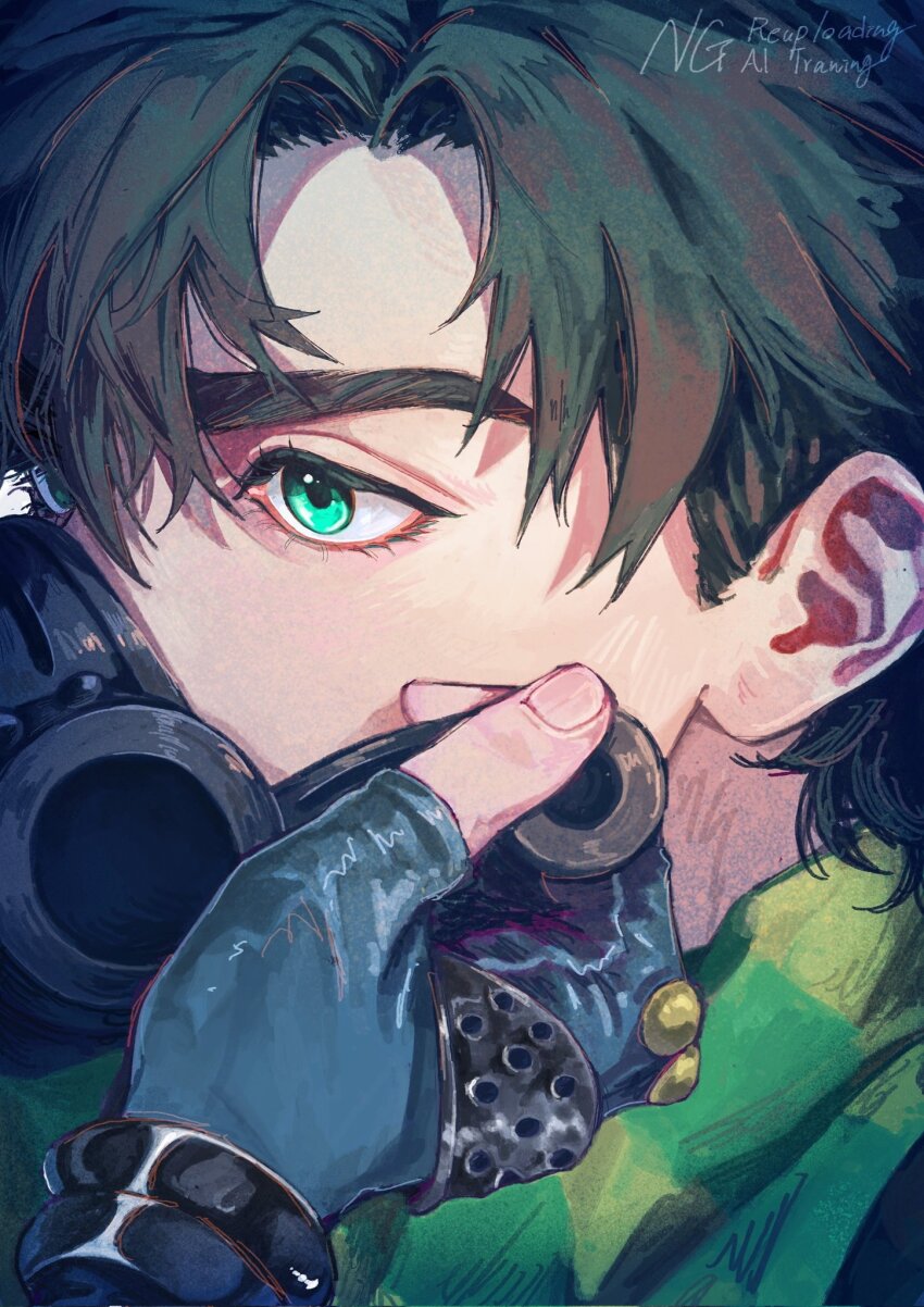 2boys, battle_tendency, blue_gloves, brown_hair, caesar_anthonio_zeppeli, fingerless_gloves, gloves, green_hair