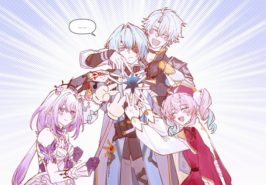 ..., 2boys, 2girls, anaxa_(honkai:_star_rail), black_gloves, blue_hair, castorice_(honkai:_star_rail), closed_eyes, drill_hair, eyepatch, fingerless_gloves, flower, gloves, grey_hair, hair_flower, hair_ornament, hat, highres, honkai:_star_rail, honkai_(series), hyacine_(honkai:_star_rail), la_7_7_7, multiple_boys, multiple_girls, phainon_(honkai:_star_rail), pink_hair, pointy_ears, purple_hair, smile, spoken_ellipsis, tiara, twin_drills, unamused, v