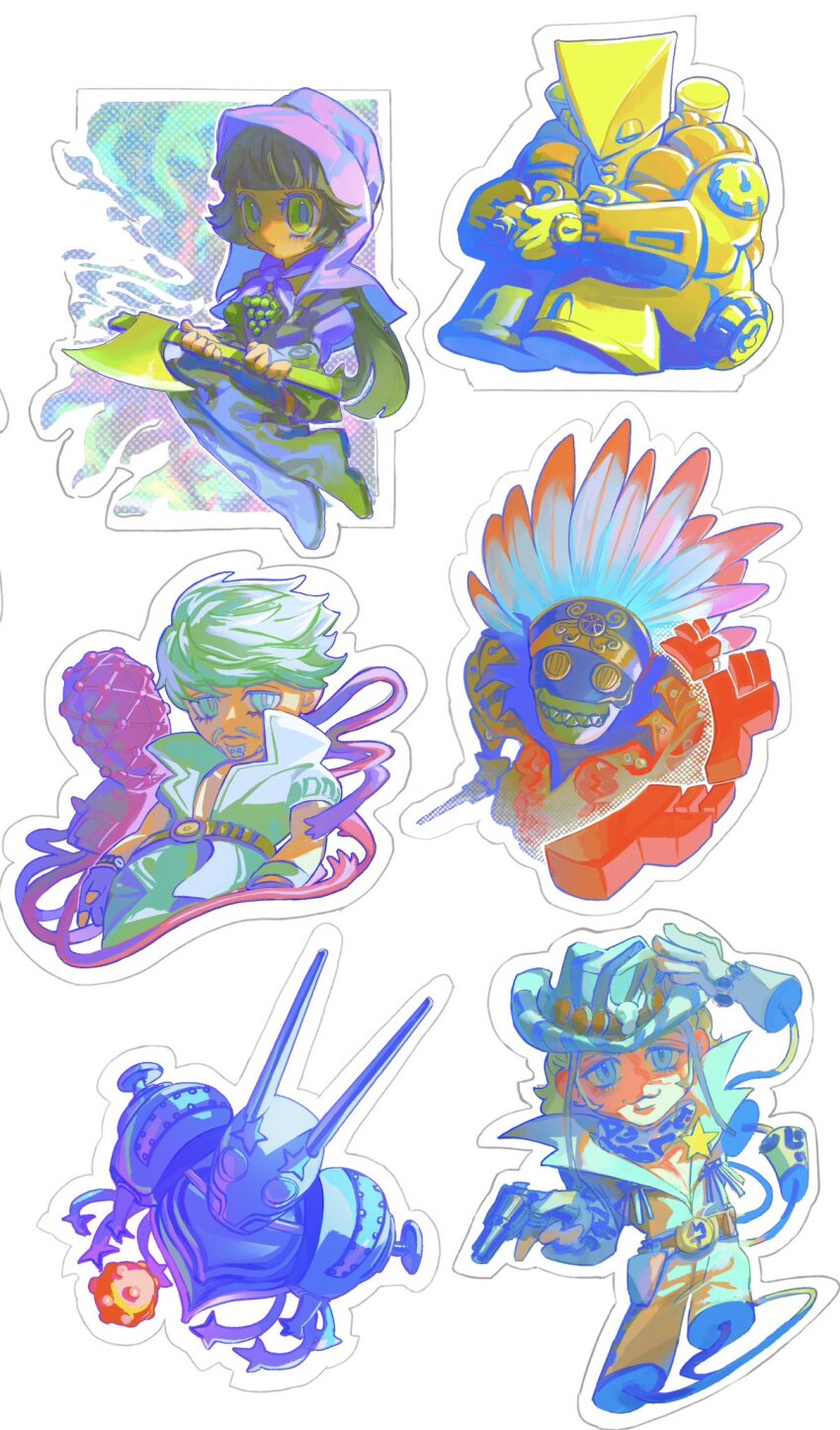 1girl, 20th_century_boy_(stand), 2boys, 5others, animal_print, beard, belt, black_hair