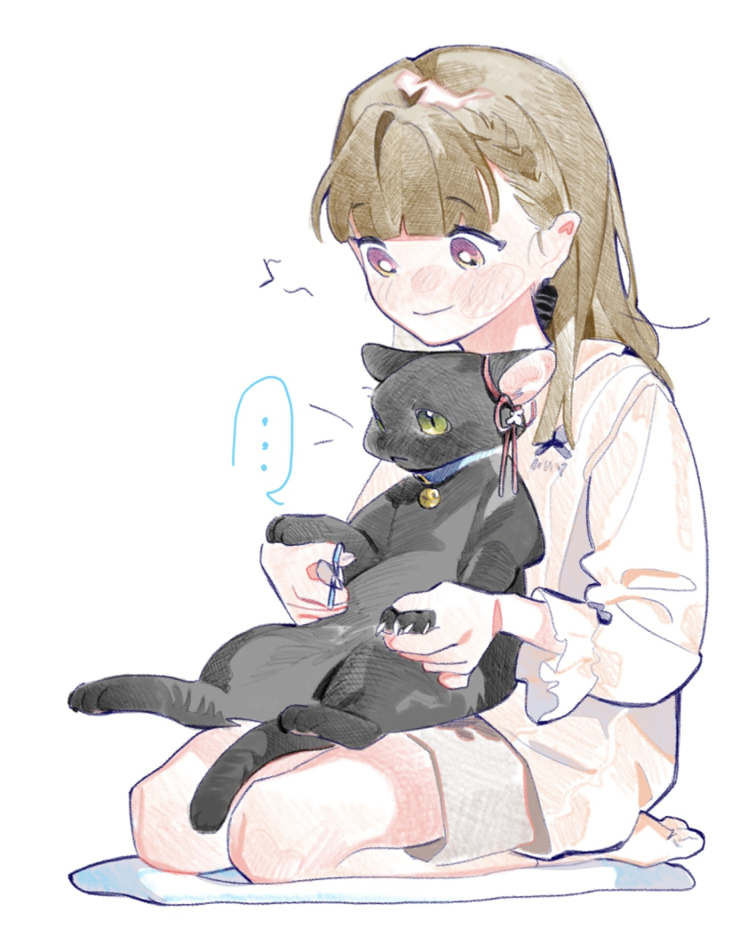 ..., 1girl, animal, animal_on_lap, animalization, barefoot, black_bow, black_cat