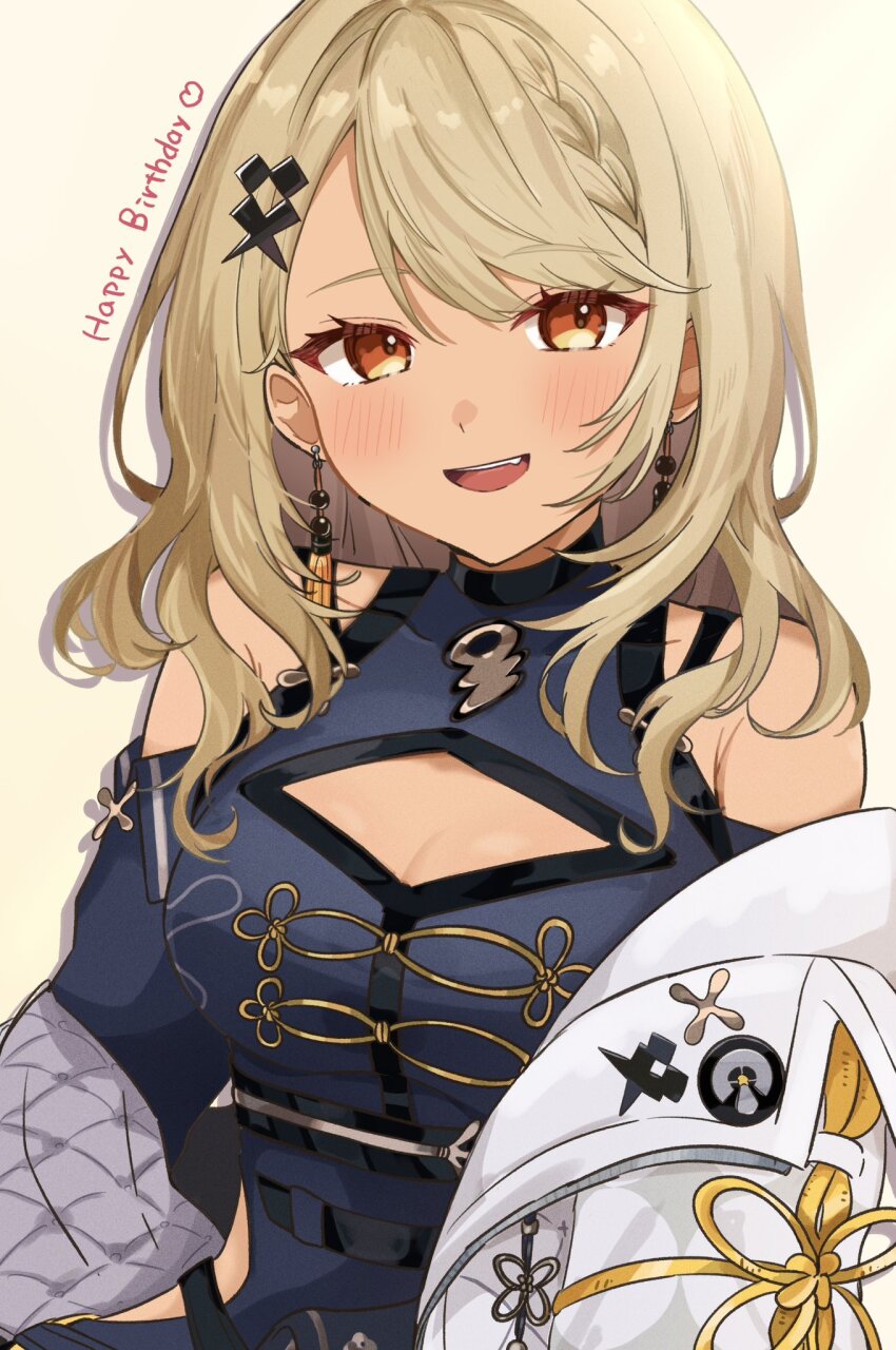 1girl, bare_shoulders, blonde_hair, blush, braid, breasts, cleavage, cleavage_cutout