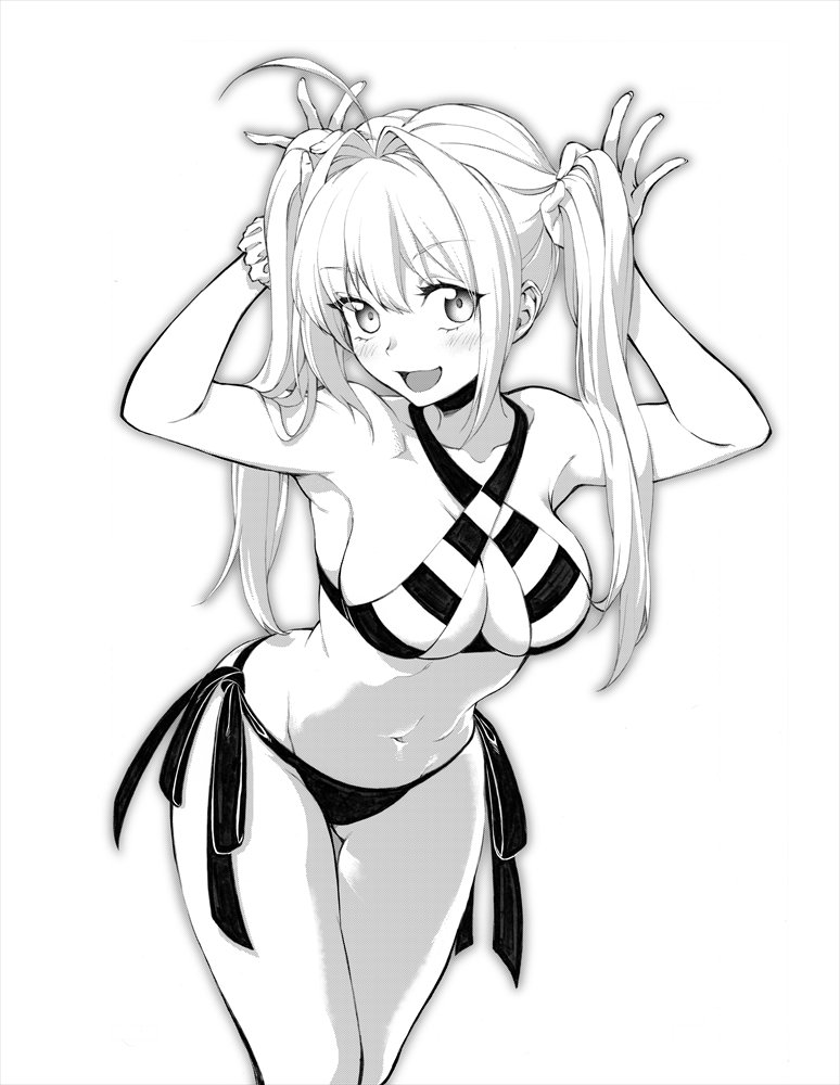 1girl, :d, armpits, bikini, breasts, criss-cross_halter, fate/grand_order, fate_(series)