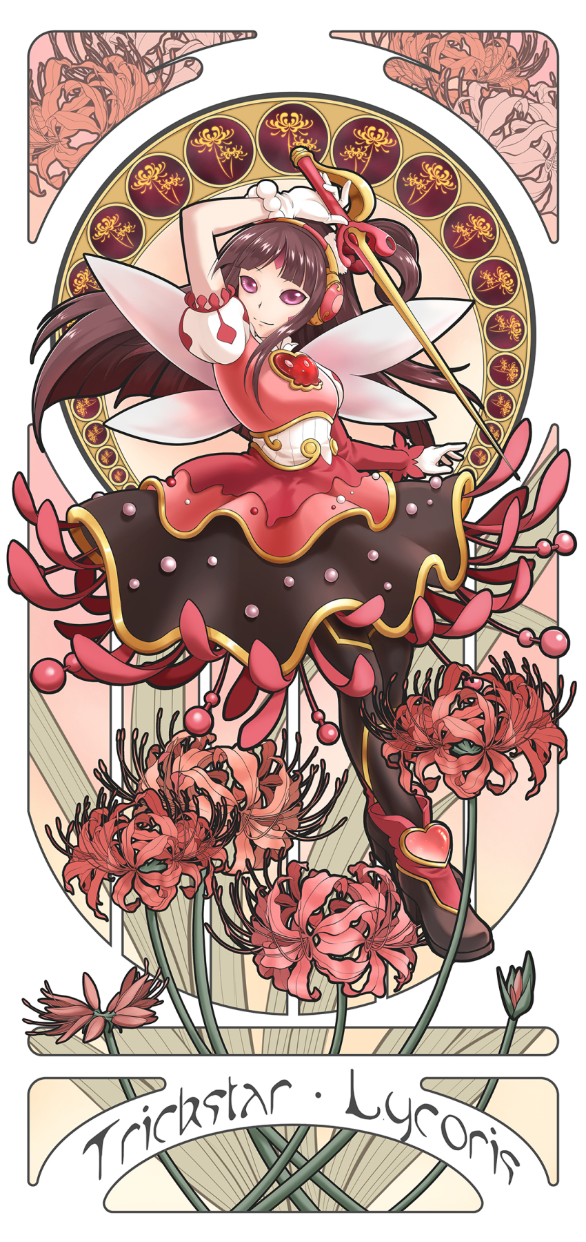 1girl, arm_up, art_nouveau, black_hair, boots, breasts, character_name, closed_mouth