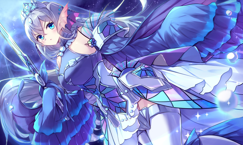 1girl, absurdres, arm_fins, blue_eyes, blush, breasts, detached_sleeves, duel_monster