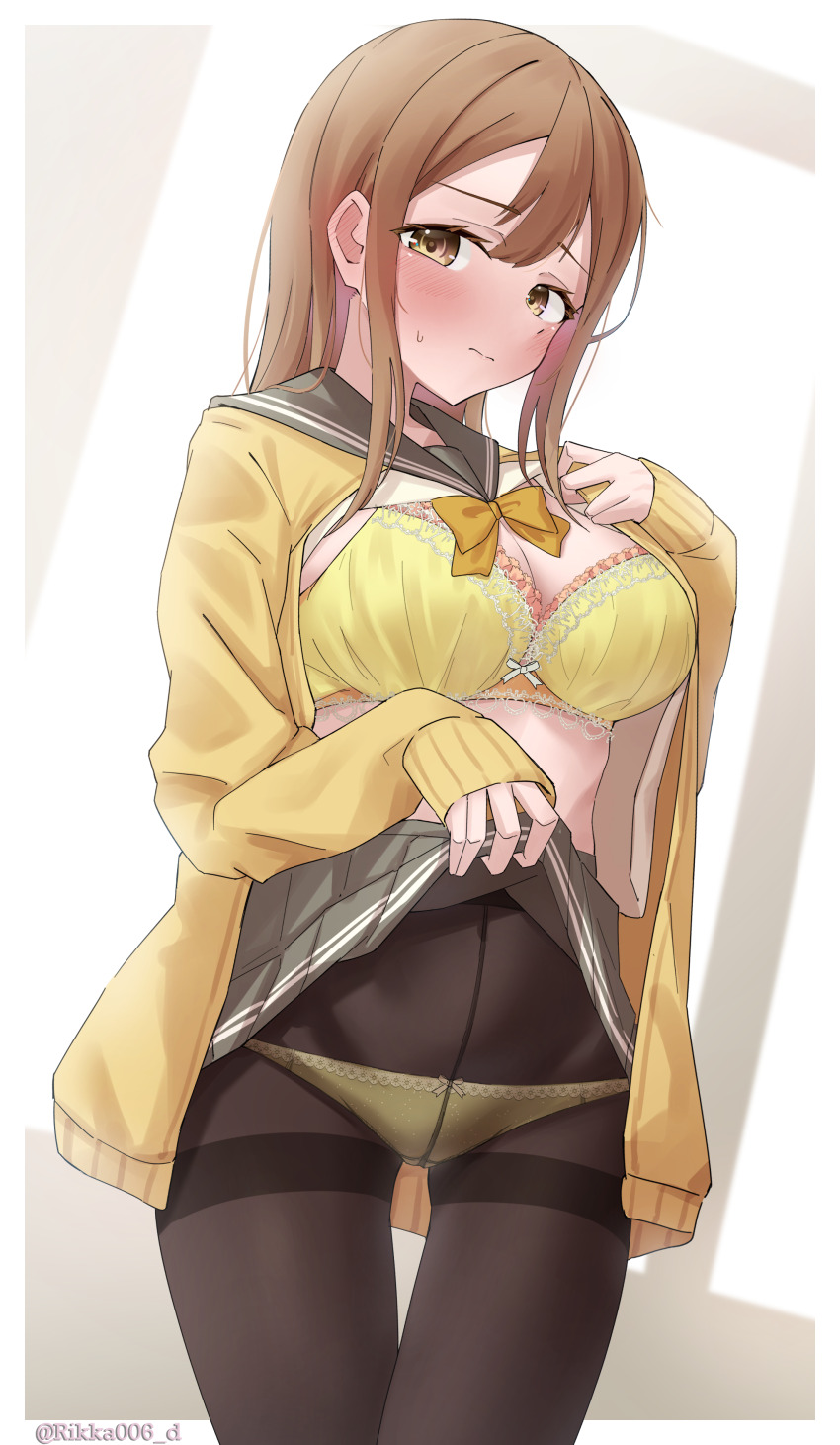 1girl, absurdres, black_pantyhose, blush, bow, bowtie, bra, breasts