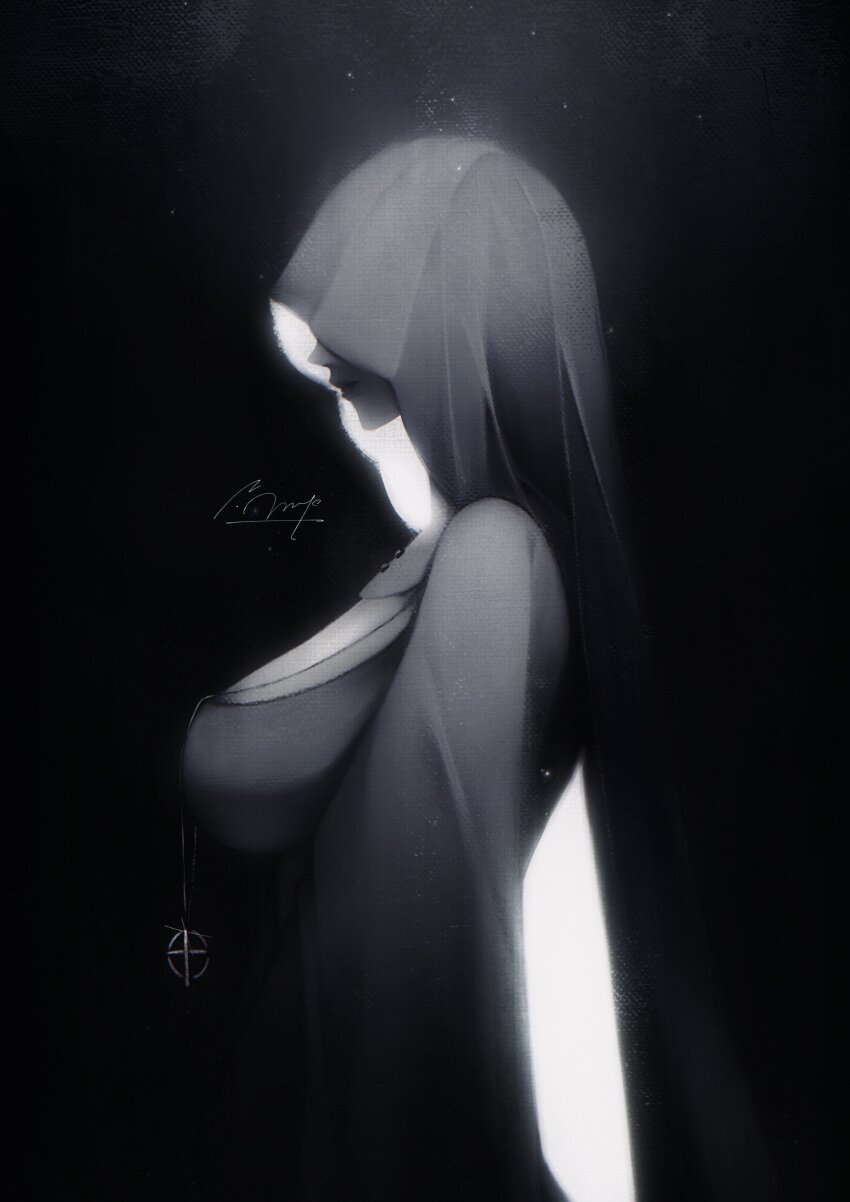 1girl, absurdres, black_background, breasts, commentary, cross, cross_necklace, diffraction_spikes