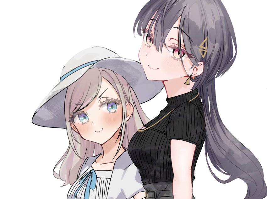 >:), 2girls, absurdres, black_sweater, blue_eyes, blush, breasts, c: