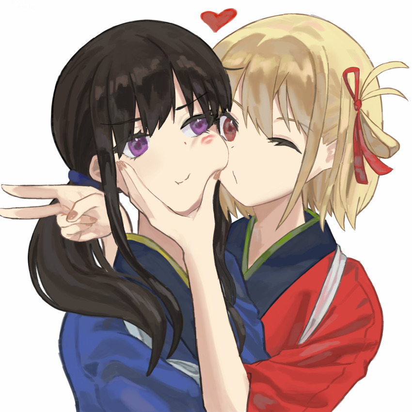 2girls, absurdres, black_hair, blonde_hair, blue_kimono, blush, cheek_squash, closed_mouth