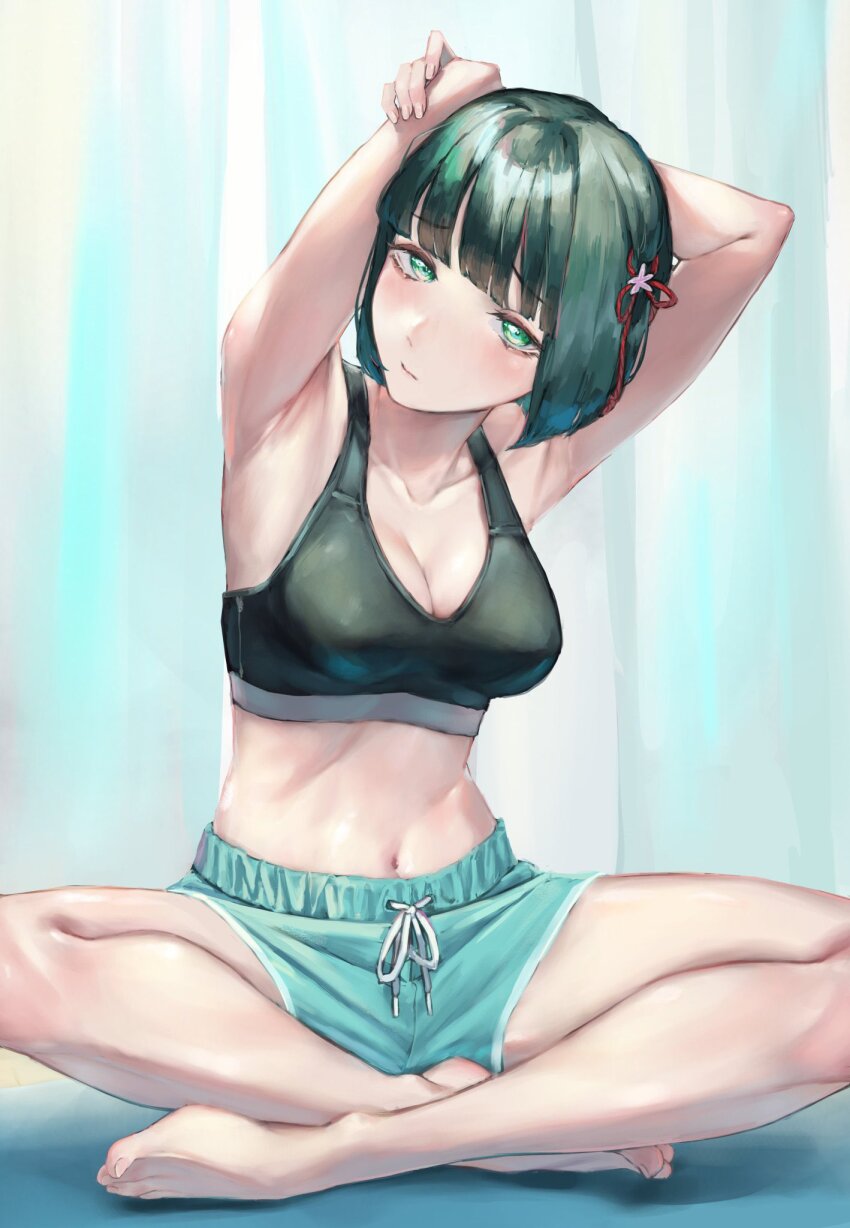 1girl, alternate_costume, aqua_shorts, armpits, arms_up, bare_shoulders, barefoot, black_sports_bra