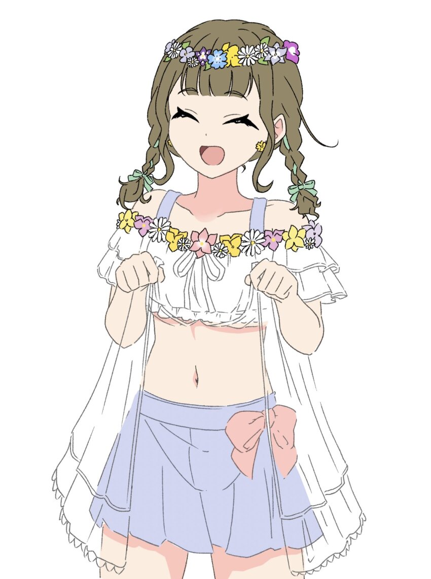 1girl, :d, ^_^, bikini, bikini_skirt, blue_bikini, blue_flower, braid