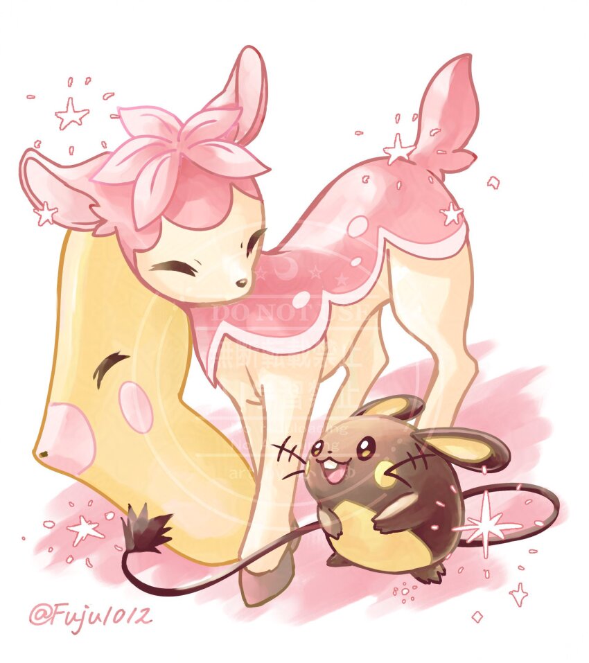 alternate_color, animal_focus, brown_eyes, closed_eyes, commentary_request, dedenne, deerling, fuju1012