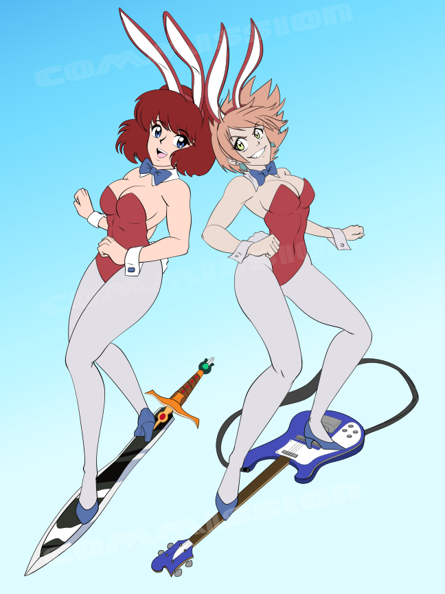 2girls, :d, animal_ears, bass_guitar, blue_background, blue_bow, blue_bowtie, blue_eyes