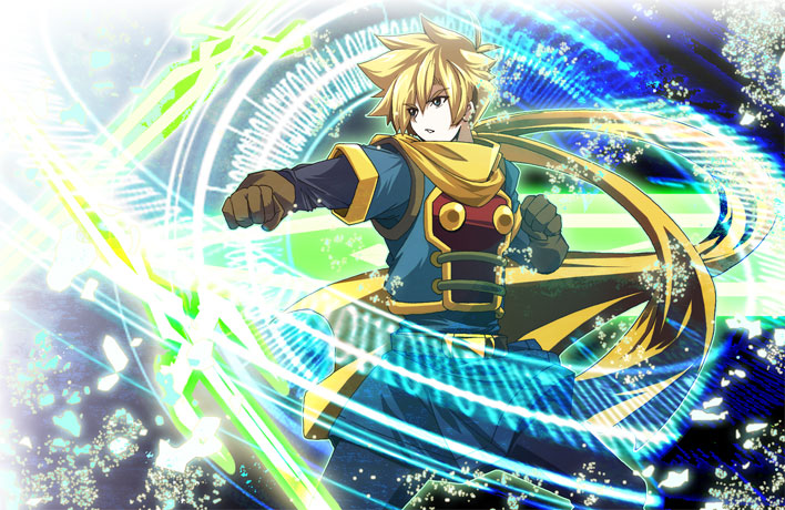 1boy, blonde_hair, blue_eyes, energy, gloves, golden_sun, magic, male_focus, mizuura, isaac_(golden_sun), scarf, short_hair, solo
