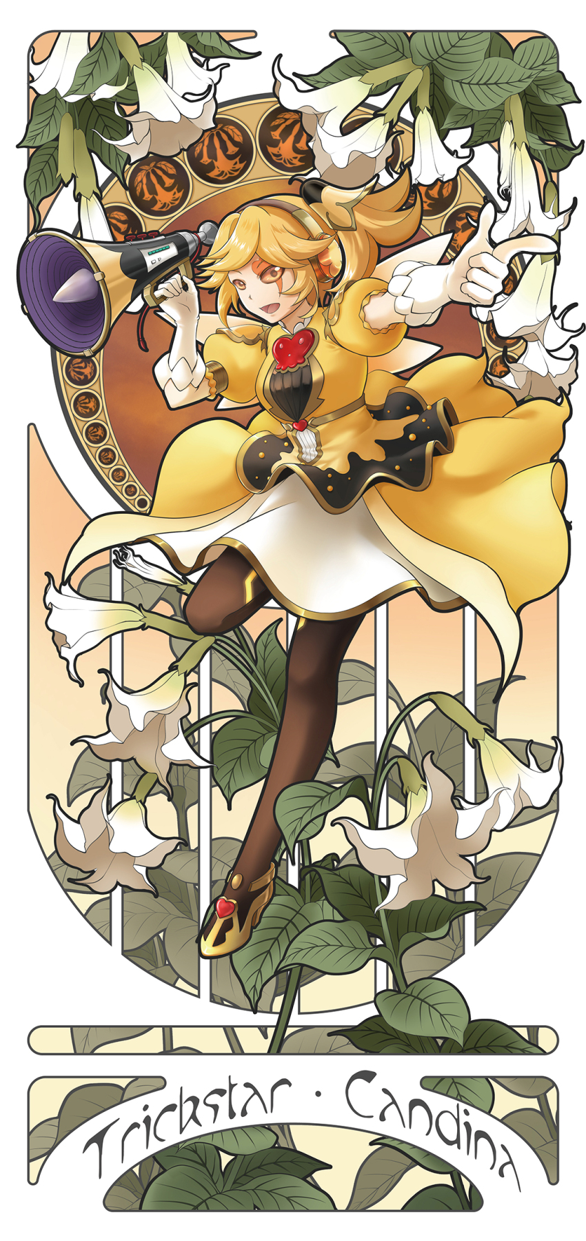 1girl, art_nouveau, black_pantyhose, breasts, character_name, dress, duel_monster, flower