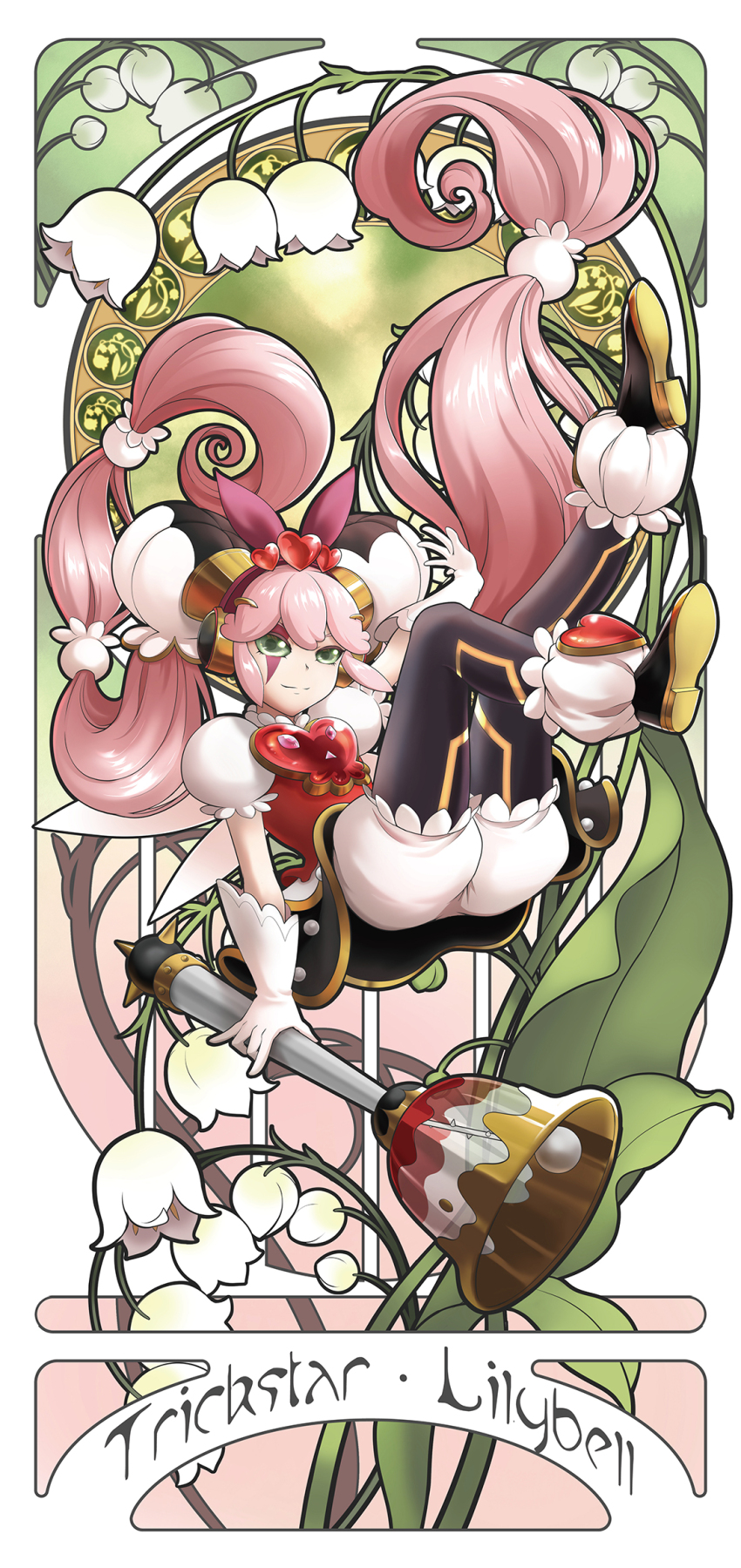 1girl, art_nouveau, bell, black_pantyhose, bloomers, character_name, closed_mouth, duel_monster