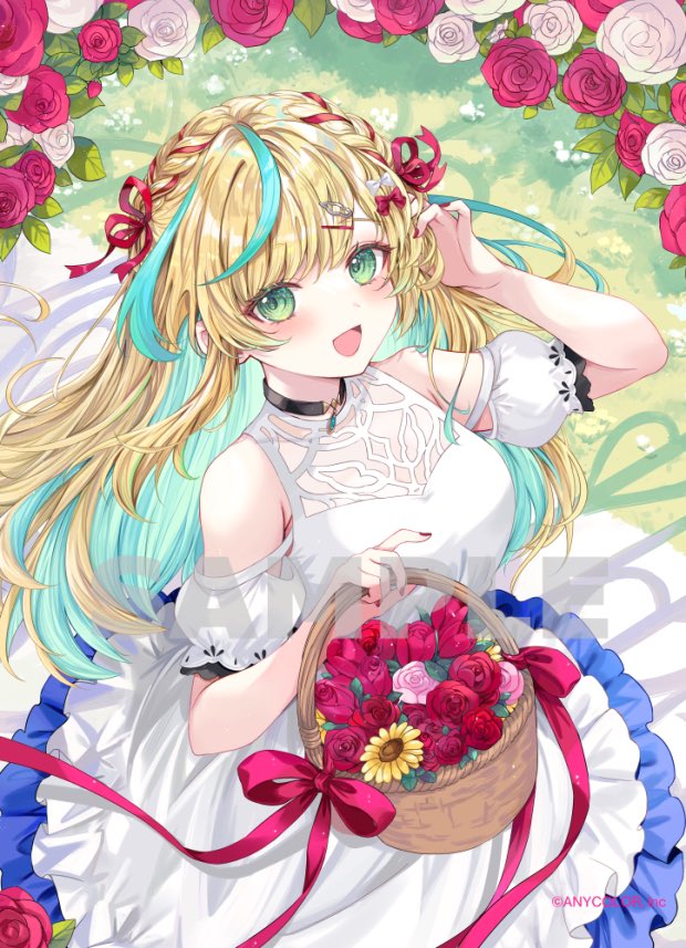 1girl, :d, aqua_hair, basket, black_choker, blonde_hair, blush, braid