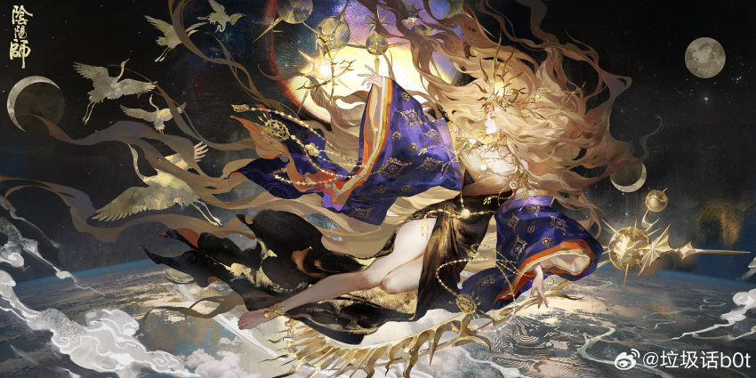 1girl, absurdres, amaterasu_(onmyoji), barefoot, bird, blonde_hair, blue_kimono, cloud, crane_(animal), creamyghost, earth_(planet), glowing, headdress, highres, japanese_clothes, kimono, long_hair, moon, official_art, onmyoji, planet, solo, space, star_(sky), sun, watermark, weibo_username, weibo_watermark, wide_sleeves