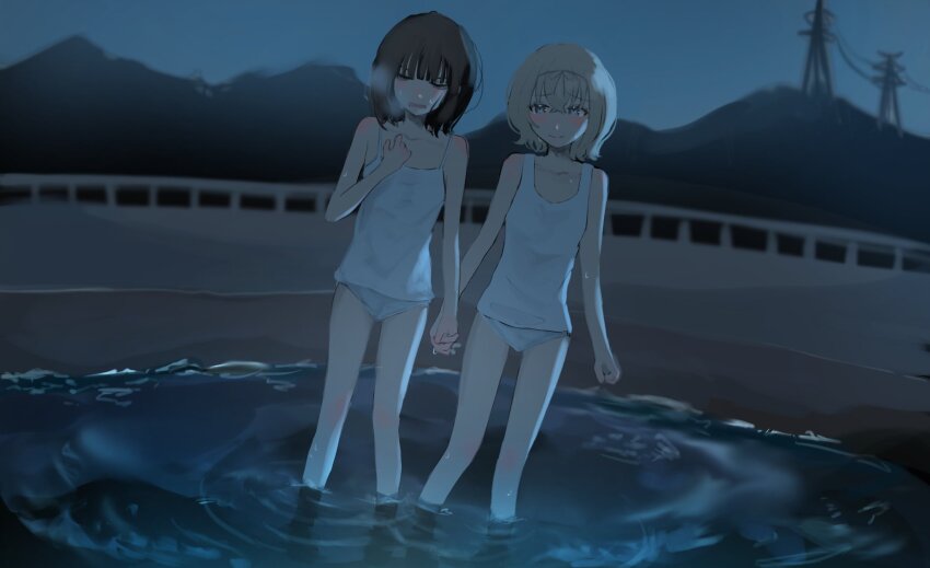 2girls, akairosaboten20, attempted_suicide, beach, blonde_hair, brown_hair, camisole, closed_mouth