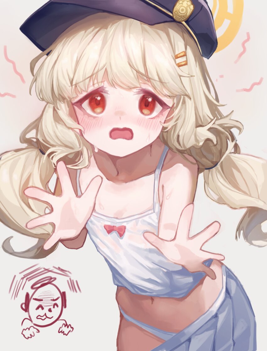 1boy, 1girl, absurdres, aoba_(blue_archive), blonde_hair, blue_archive, blush, bow, bow_camisole, newsboy_cap, camisole, clothes_pull, commentary, doodle_sensei_(blue_archive), fluffy_hair, ggangtong, hair_ornament, hairclip, halo, hat, highres, loli, long_hair, low_twintails, navel, open_mouth, panties, red_bow, red_eyes, scared, sensei_(blue_archive), skirt, skirt_pull, sweat, twintails, underwear, white_camisole, white_panties, white_skirt, yellow_halo, you_gonna_get_raped