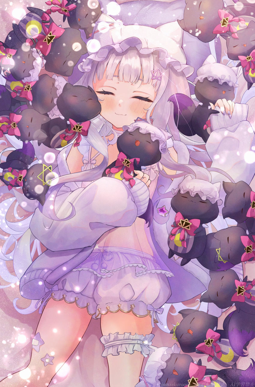 1girl, absurdres, bloomers, blush, closed_eyes, closed_mouth, frilled_thigh_strap, grey_bloomers