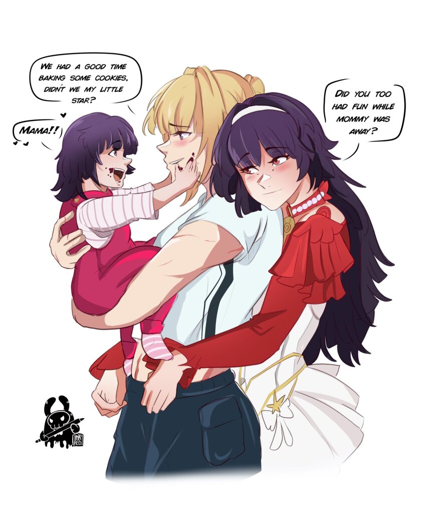 3girls, astra_yao, black_pants, blonde_hair, blush, closed_mouth, commentary, dress, english_commentary, english_text, evelyn_chevalier, food, food_on_face, hairband, heart, highres, hug, hug_from_behind, if_they_mated, inkrred, long_hair, mother_and_child, mother_and_daughter, multiple_girls, open_mouth, pants, parent_and_child, parted_lips, purple_hair, red_dress, red_eyes, scar, scar_on_arm, scar_on_stomach, science_babies, shirt, simple_background, smile, speech_bubble, two-tone_dress, white_background, white_dress, white_hairband, white_shirt, yuri, zenless_zone_zero