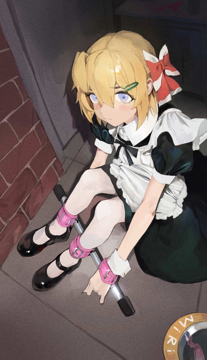 1girl, 240mmap, absurdres, apron, bdsm, blonde_hair, blush, bondage, bound, bound_legs, bow, bowl, bowtie, collared_dress, cuffs, dress, heropin, highres, loli, looking_at_viewer, maid, maid_apron, medium_hair, original, pantyhose, restrained, shackles, shoes, sitting, spreader_bar, white_pantyhose