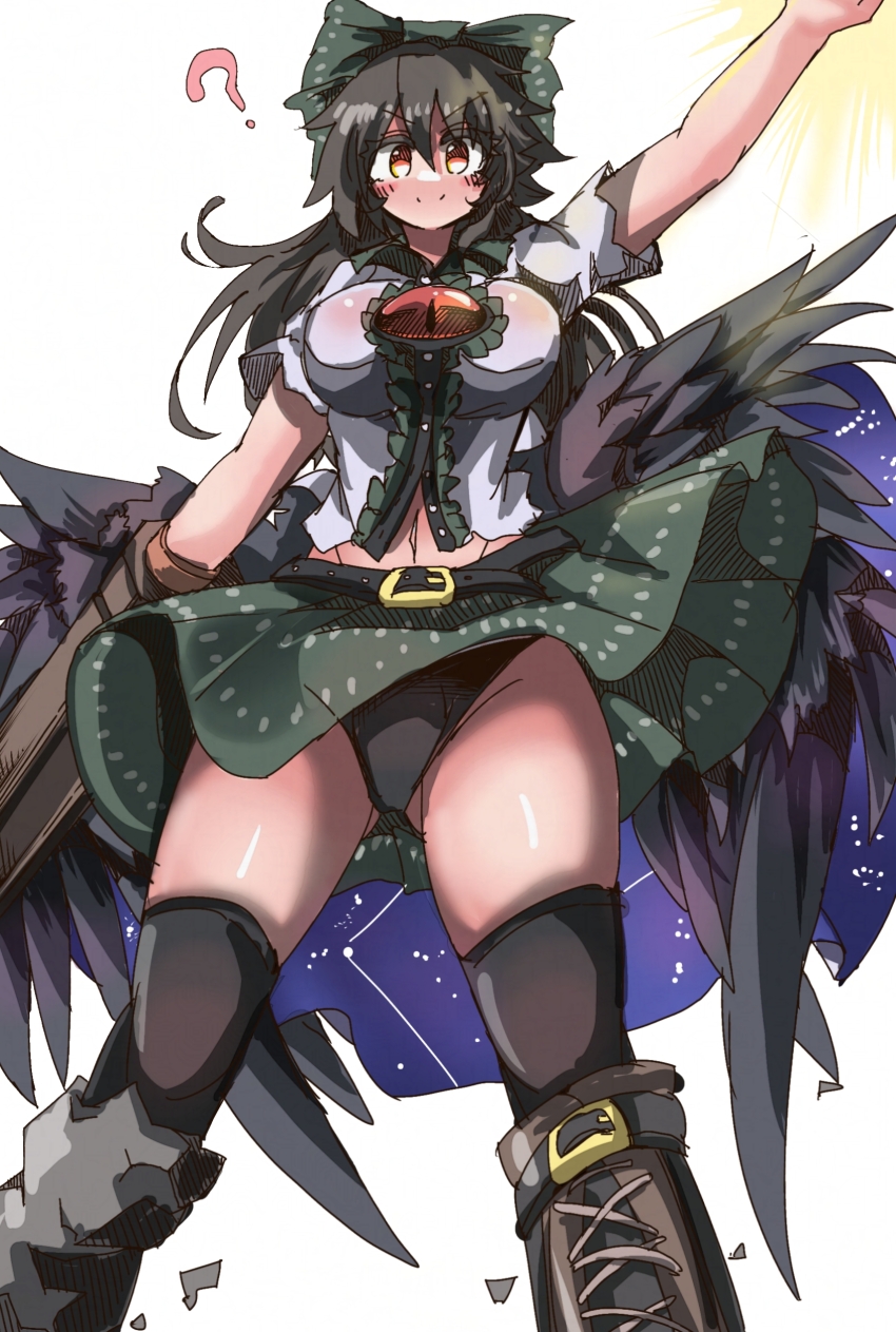 1girl, ?, absurdres, arm_cannon, arm_up, asymmetrical_footwear, bird_wings, black_hair