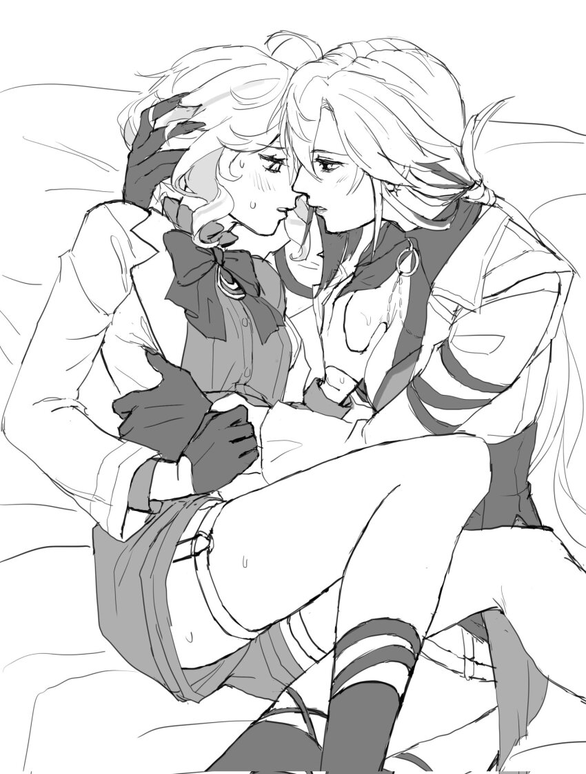 2girls, arlecchino_(genshin_impact), blush, bow, bowtie, claws, commentary, english_commentary