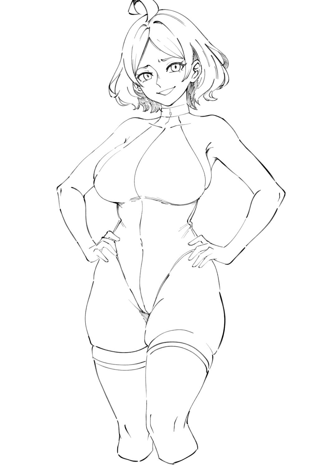 1girl, ahoge, analog1996, bare_arms, bare_shoulders, commentary, cowboy_shot, cropped_legs