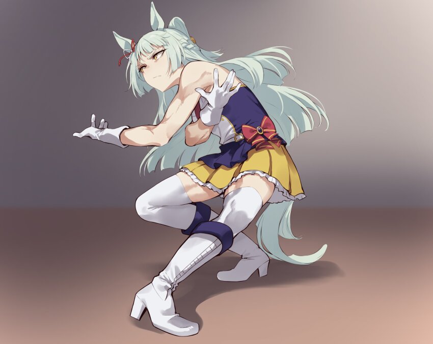 1girl, absurdres, animal_ears, aqua_hair, bare_shoulders, blunt_bangs, blunt_sidelocks, boots