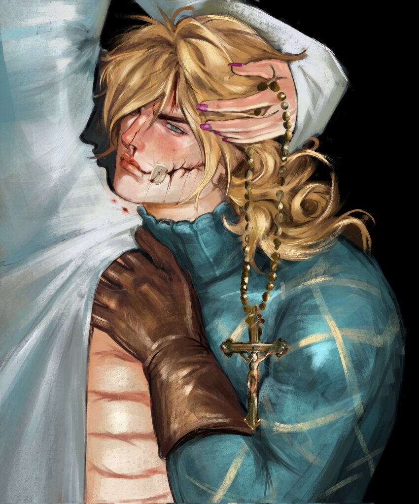 1boy, 1girl, argyle_clothes, argyle_sweater, beads, black_background, blonde_hair, blood, blood_on_face, blue_eyes, blue_sweater, brown_gloves, cassock, commentary, cracked_skin, cross, crucifixion, daniimouwry, diego_brando, gloves, highres, hot_pants_(sbr), hug, italian_commentary, jojo_no_kimyou_na_bouken, medium_hair, messy_hair, neck_ribbon, patch, pink_nails, ribbon, robe, scar, scary_monsters_(stand), shadow, steel_ball_run, sweater, white_robe
