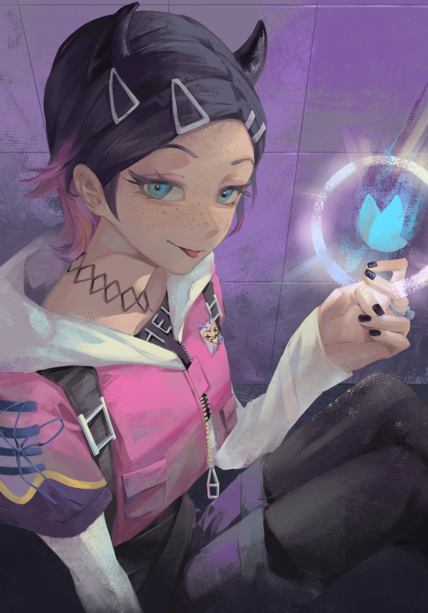 1girl, :p, black_hair, black_horns, black_nails, black_pantyhose, black_shirt, blue_eyes