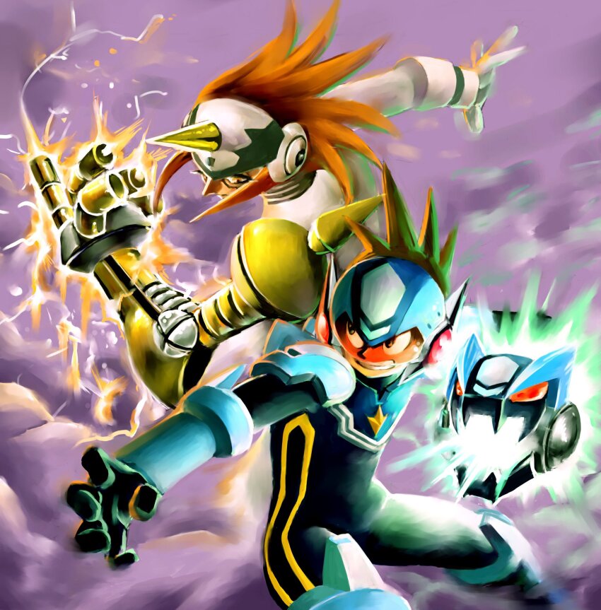 2boys, arm_cannon, armor, assault_visor, back-to-back, battle, black_bodysuit, blue_armor, blue_helmet, bodysuit, brown_hair, cowboy_shot, dust, electricity, gemini_spark_(mega_man), helmet, highres, horns, itagaki_masaya, long_hair, medium_hair, mega_man_(series), mega_man_star_force_(series), multiple_boys, red-tinted_eyewear, single_horn, spiked_hair, star_force_mega_man, tinted_eyewear, weapon, white_armor