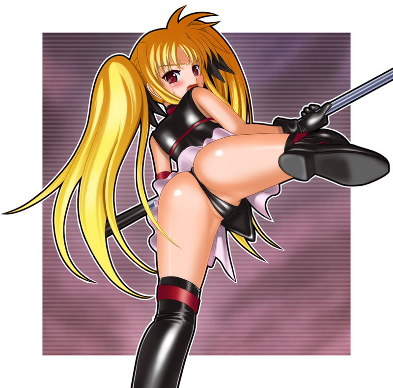 00s, 1girl, angry, arched_back, ass, bardiche_(nanoha), black_thighhighs, blonde_hair