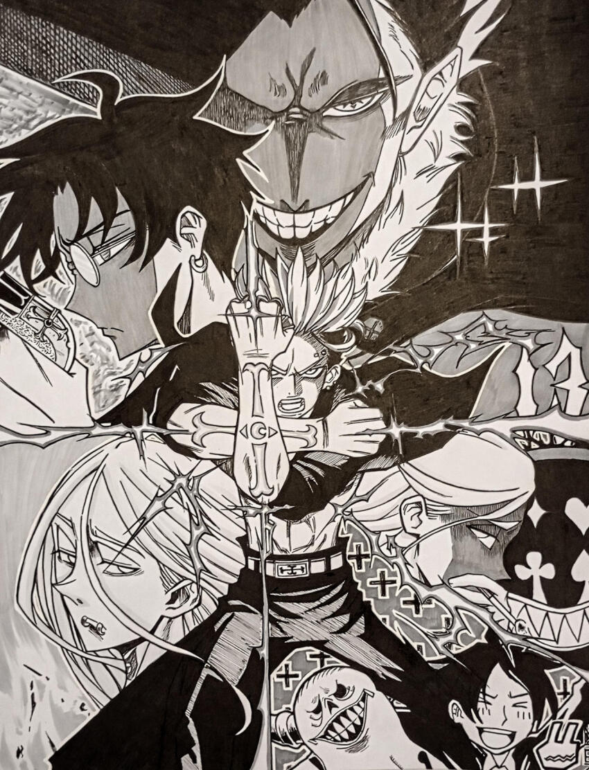 6+boys, abs, arm_tattoo, asuta_roth, belt, crossed_arms, earrings, exorcist_no_kiyoshi-kun, glasses, greyscale, grin, gun, harai_kiyoshi, highres, hitsugi_sosuke, ink, jack_joe, jewelry, long_hair, midriff, monochrome, multiple_boys, noodlezxdoodlez, sakaki_tenma, sanzugawa_nehan, smile, tattoo, weapon