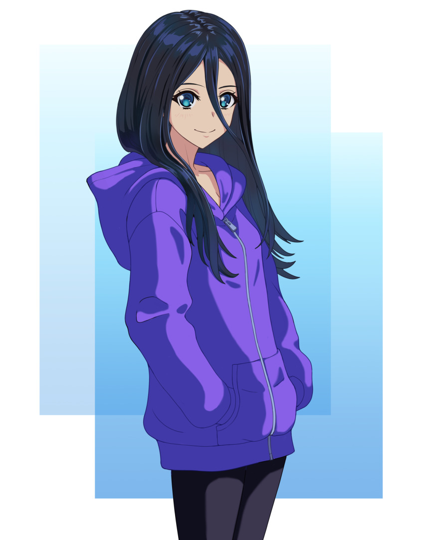 1girl, absurdres, black_hair, black_pants, blue_background, blue_eyes, hair_between_eyes, hands_in_pockets