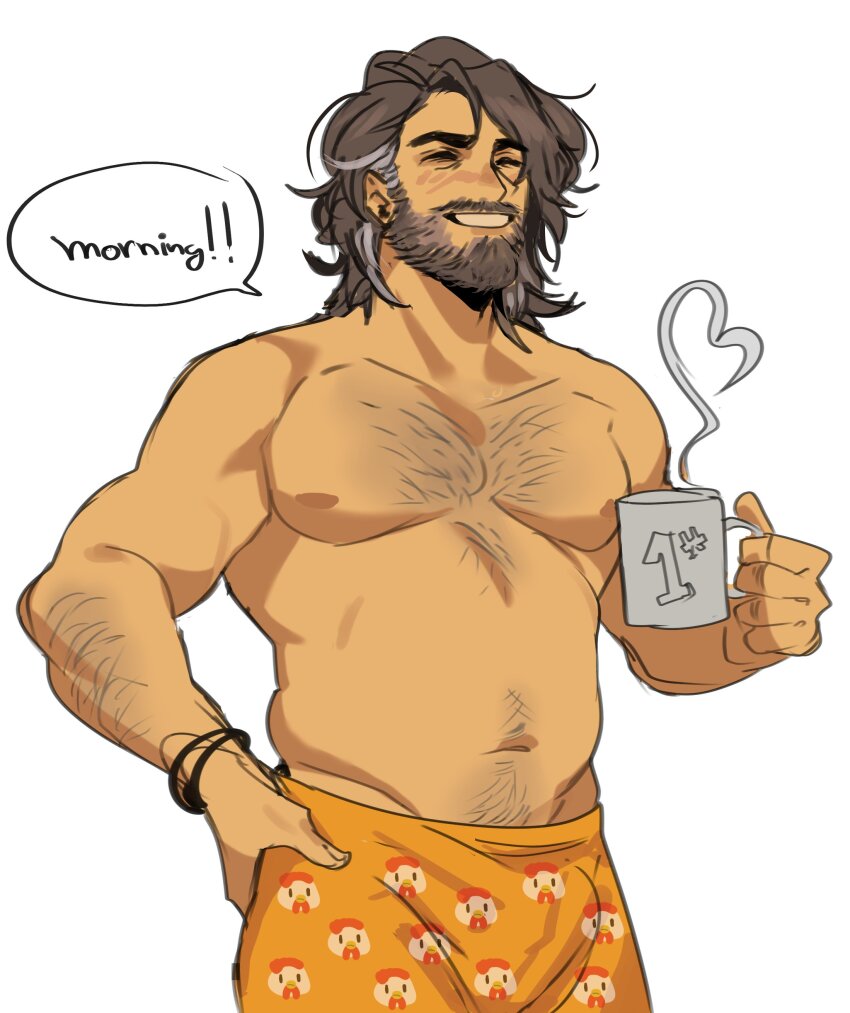 1boy, absurdres, arm_hair, bara, beard, closed_eyes, cup, facial_hair