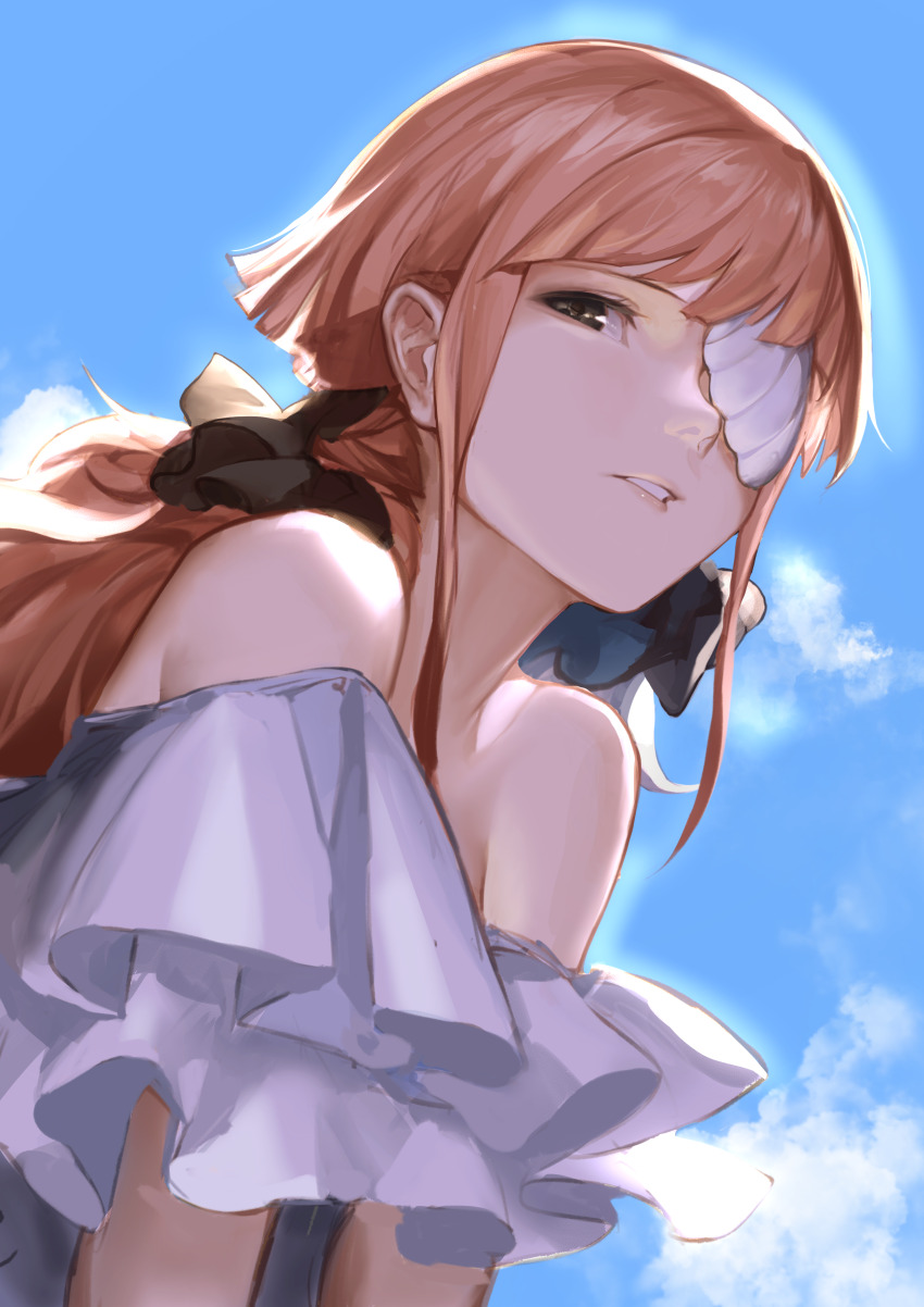 1girl, absurdres, bare_shoulders, black_ribbon, blue_sky, chinese_commentary, cloud, commentary_request